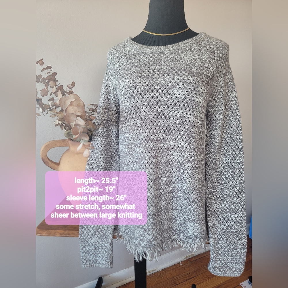Lucky Brand Gray Weave Pattern Fringe Hem Sweater Crew Neck Women's Size SP Boho